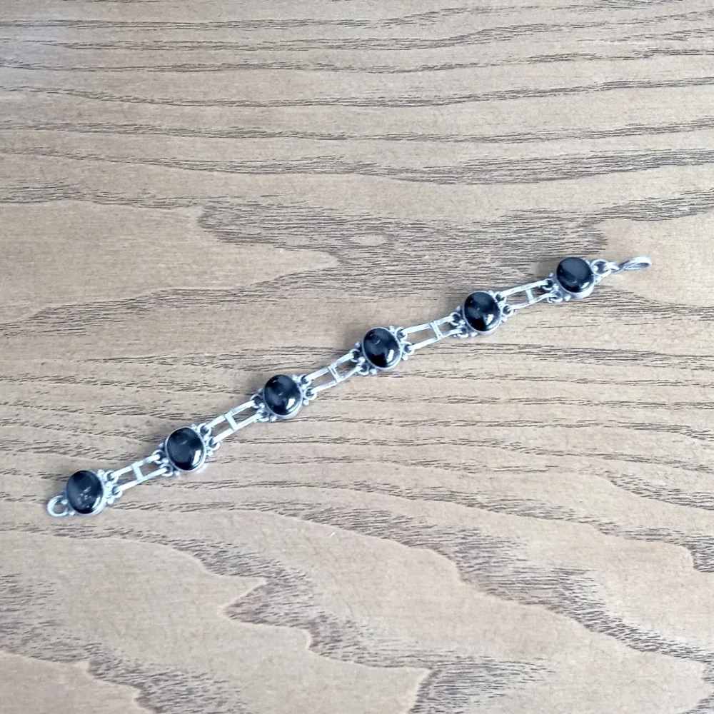 Vintage / Antique 925 Sterling Silver Black Onyx Chain Bracelet from India